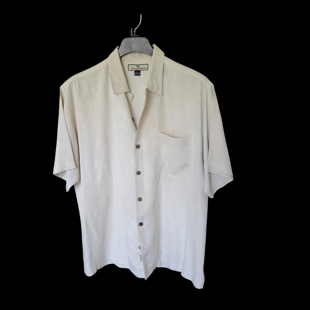 Tommy Bahama Mens M Ivory 100% Silk Jacquard Palm Tree Short Sleeve Camp Shirt